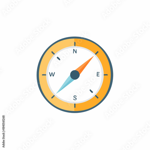 Compass navigation tool in orange and blue tones pointing in all cardinal directions round layout map direction finding