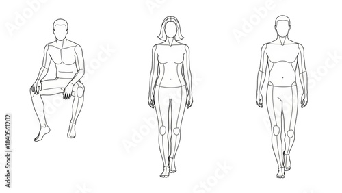 Human figures in poses, an auto cad drawing for anatomical study on a black background.