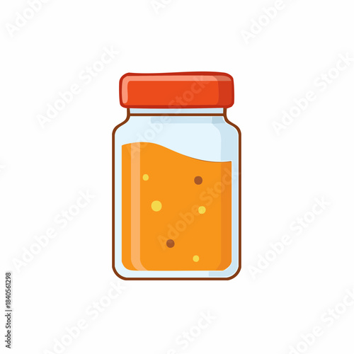 Glass jar with orange liquid and floating pieces, sealed with a red lid.  Storage of sweet honey or jam.