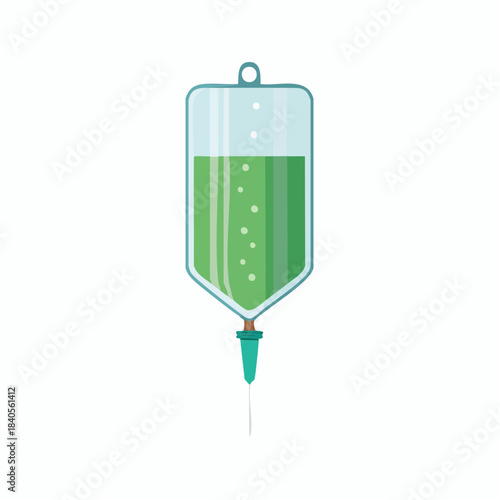 IV drip bag filled with green liquid medication for intravenous infusion in hospital or clinic