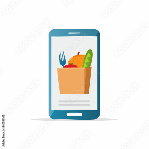 Smartphone Displaying Food Delivery Order with Vegetables and Fork, Digital Grocery Shopping