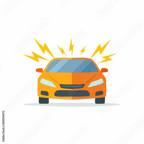 Malfunctioning Yellow Car with Flashing Lights on White Background