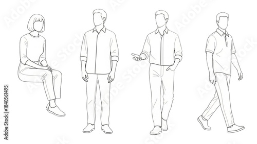 People Set 6: Sitting and Walking Figures in an auto cad drawing style.