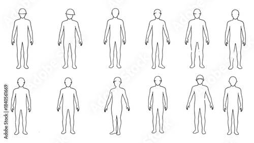 A set of human figures in an auto cad drawing for ergonomic design.