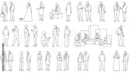 Set of seven human scale figures. An auto cad drawing for architectural projects.