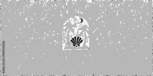 A grayscale image featuring an arched window with a shell symbol