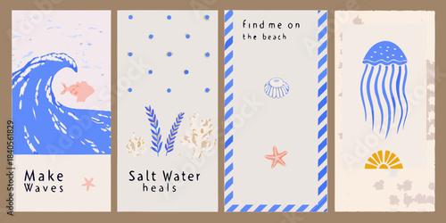 Stylized marine life and beach themed illustrations in a vertical arrangement