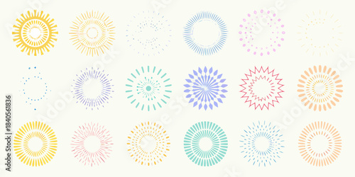 A collection of colorful radial burst patterns and circular designs arranged neatly