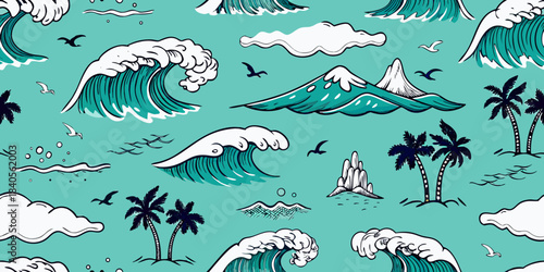 Tropical seascape with waves mountains palm trees and birds seamless pattern