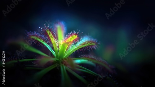 Wallpaper Mural Vibrant close-up of a colorful carnivorous plant with dew drops, surrounded by a dark, blurred background Torontodigital.ca