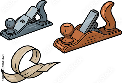Cartoon woodworking plane tools with wood shavings, detailed illustration of hand planes for carpentry, crafting, woodworking design projects