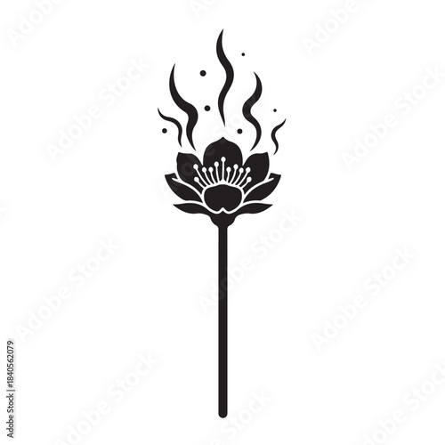 Incense stick with lotus flower in minimalist black silhouette with smoke on white background for wellness branding