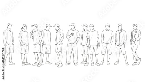 An auto cad drawing of eleven diverse young men standing in a row, front view.