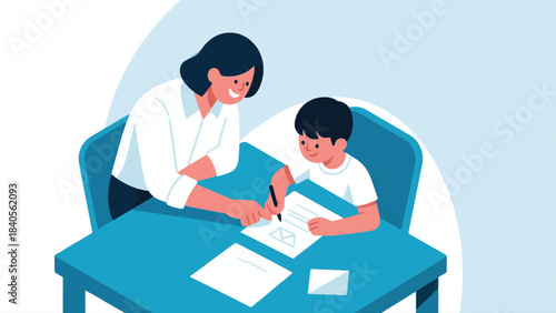 Illustration Of Teacher Patiently Leaning Over A Table, Helping A Child With A Difficult Math Problem Or Science Project Vector Design Template