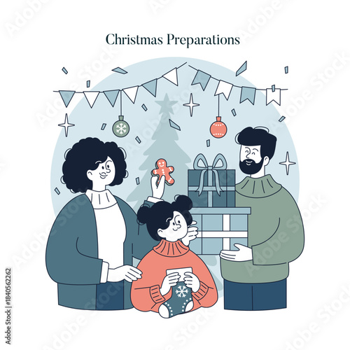 Family Holiday Cheer and Gift Exchange Vector Illustration