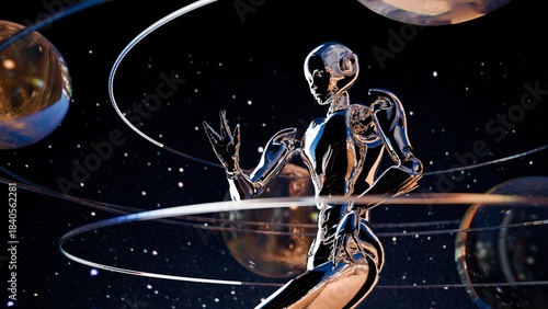 Retrofuturism-style chrome robot against abstract background, vintage sci-fi aesthetic.