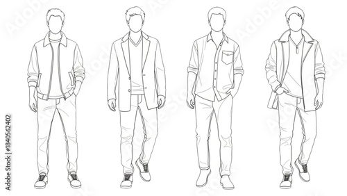Men's fashion collection auto cad drawing. Four stylish youthful figures.