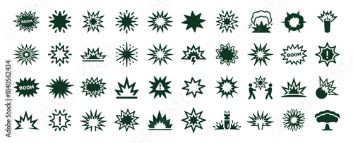 Set of dark green explosion and blast icons, comic book style effects on white background