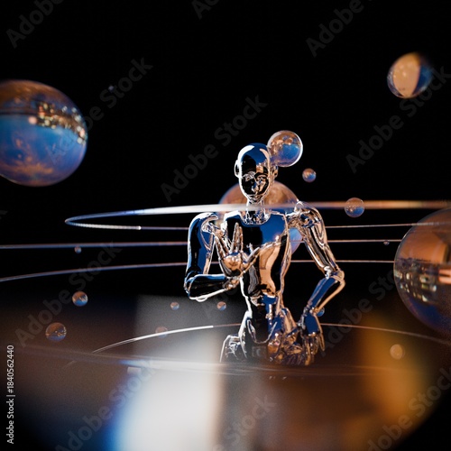 Retrofuturism-style chrome robot, fantastic abstract background