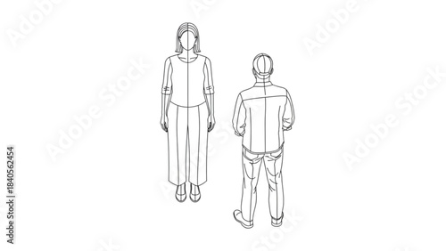 Two people in a technical auto cad drawing for architectural visualization.