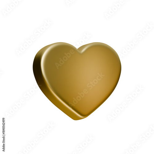 3D gold heart icon, shiny golden love shape isolated on white background. Stylish metal heart render for social media like button, valentine greeting, romance logo or dating app design.