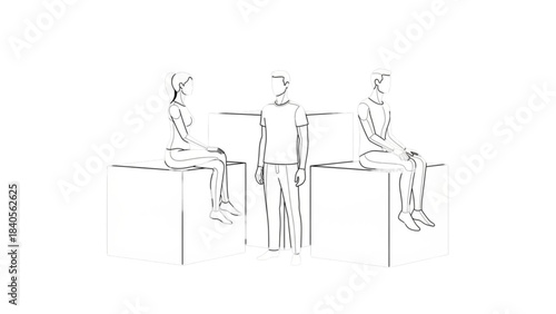 An abstract auto cad drawing of young adults showing social distance.