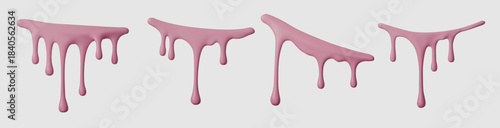 Pink 3D liquid drip borders, glossy strawberry cream or syrup splashes. Vector milky paint drops isolated on transparent background