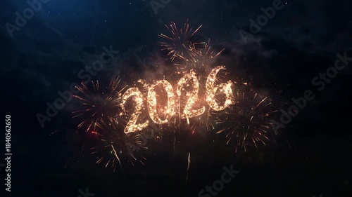 2026 greeting text with particles and sparks on the black night sky with colorful fireworks on the background, beautiful typography magic design.