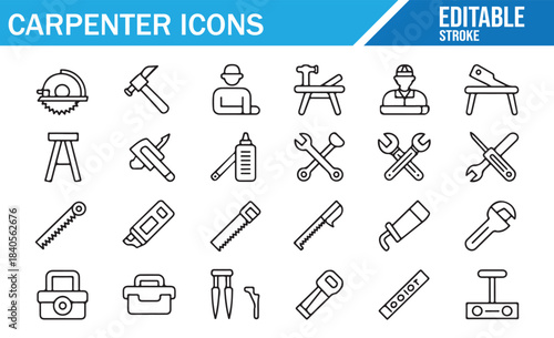 Professional carpenter tools outline icon set isolated on white background