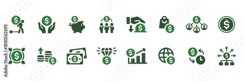 Finance and money icons set investment, savings, growth, banking, global economy on white background
