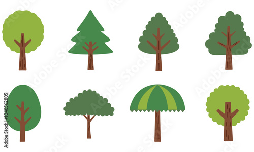Set of 8 Abstract Hand-Drawn Tree Icons in Doodle Style - Cute and Diverse Forest Clip Art Collection for Nature, Environment, and Design Projects