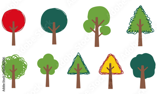 Set of 8 Abstract Hand-Drawn Tree Icons in Doodle Style - Cute and Diverse Forest Clip Art Collection for Nature, Environment, and Design Projects