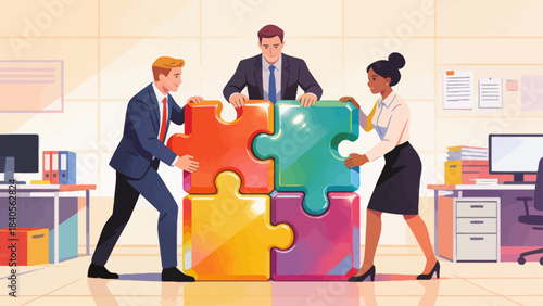 This isometric illustration shows business professionals assembling a large puzzle in an office, symbolizing teamwork, collaboration, and collective problem-solving to achieve corporate goals.