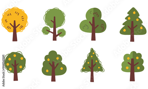 Set of 8 Abstract Hand-Drawn Tree Icons in Doodle Style - Cute and Diverse Forest Clip Art Collection for Nature, Environment, and Design Projects