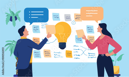 Brainstorming idea people - Two people in workshop using sticky notes working on ideas and innovation solving problem with new approaches. Flat design business vector illustration graphic