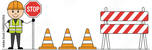 road construction worker with stop sign vector illustration, including traffic cones, safety barriers, and reflective equipment, suitable for construction zone warnings, traffic management visuals, 