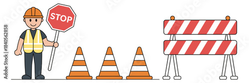 road construction worker with stop sign vector illustration showing traffic cones, safety barricades, and protective gear, ideal for construction safety graphics, roadwork signage, and instructional 