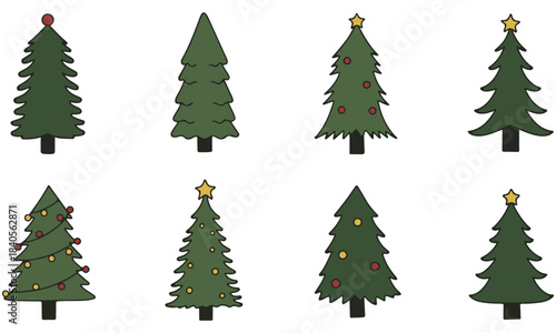 Diverse Tree Icon Megaset: 16 Cute Hand-Drawn Doodle and Christmas Fir Trees with Ornaments - Versatile Clip Art for Holiday, Nature, and Seasonal Design
