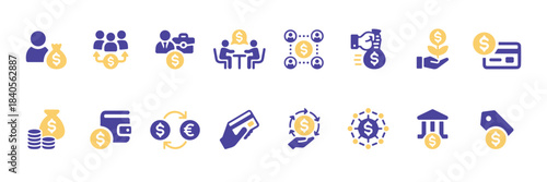 Finance and money icon set banking, investment, payment, currency exchange, savings, credit card on white background
