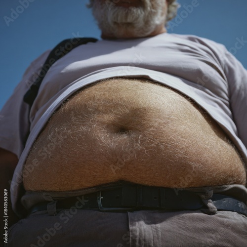 Close-up of mature caucasian male with gray beard and stomach
