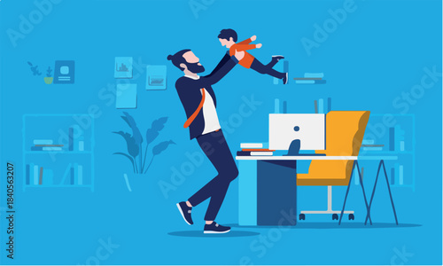 Bringing kids to office - Businessman getting a visit from his son child at work, playing around and having fun. Children in the workplace concept. Vector illustration