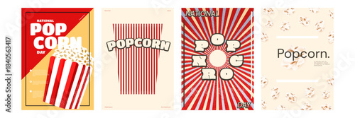 Vector set of poster cards with 70s and 80s with modern aesthetics for National Popcorn Day isolated on white background.