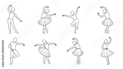 A collection of ballet poses in a technical auto cad drawing style.