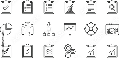 Minimal business and analytics clipboard icons featuring charts, communication, workflow, settings, planning, statistics, teamwork, and organizational elements for modern productivity design