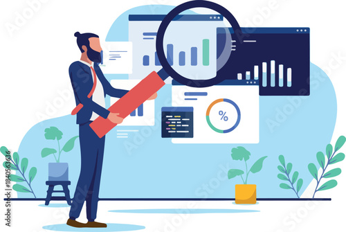Business analytics - Businessman with magnifying glass analysing and inspecting data, charts, graphs and diagram trying to get insights and doing research for company finances. Flat design vector