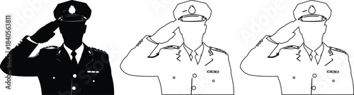 Officer saluting in silhouette white and outline styles representing military police service patriotism and respect symbol collection