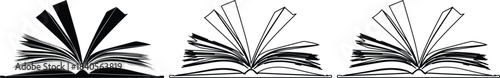 Open book with fanned pages graphic set in solid silhouette white fill and detailed outline versions for reading