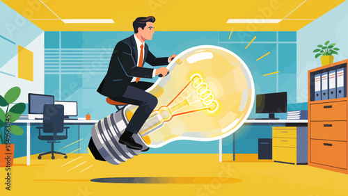 This illustration shows a business professional riding a large glowing lightbulb in an office, symbolizing innovation, creative ideas, and the drive to turn insights into progress in a corporation
