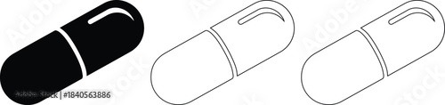 Set of three different capsule pill icons in solid black white and outline styles for medical or health design applications