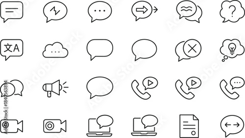 Minimal communication icons featuring chat bubbles, messaging, calls, translation, video, ideas, notifications, and conversation symbols for modern digital communication design